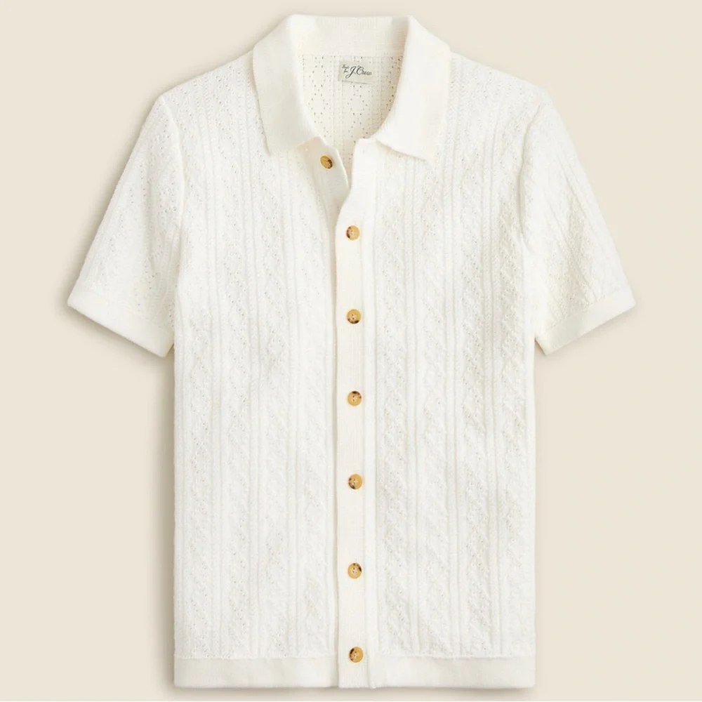 J. Crew Short Sleeve White Pointelle Stitch Polo Cardigan Sweater